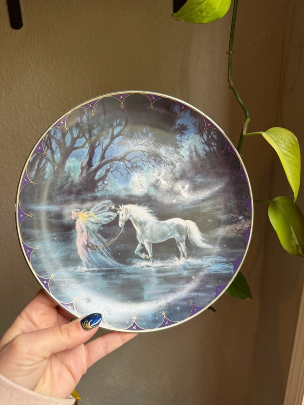 Whimsy Fantasy Unicorn & Fairy Collectible Plate in Purple and White
